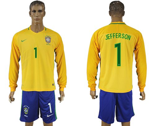 Brazil #1 Jefferson Home Long Sleeves Soccer Country Jersey - Click Image to Close